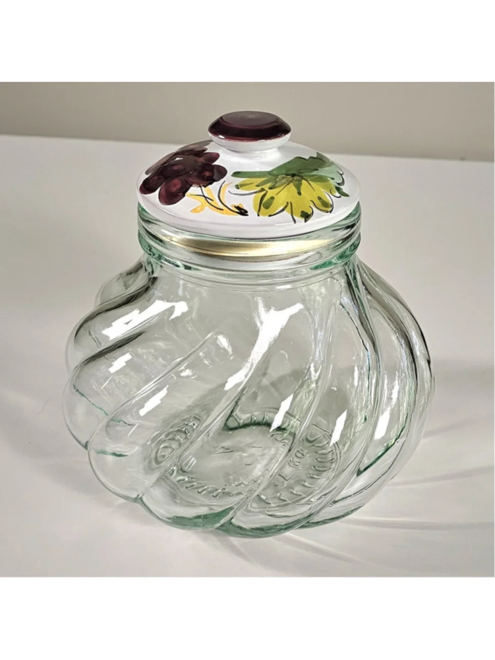 Vintage Italian SVE Glass Storage Jar Swirl Kitchen Canister Handpainted Lid